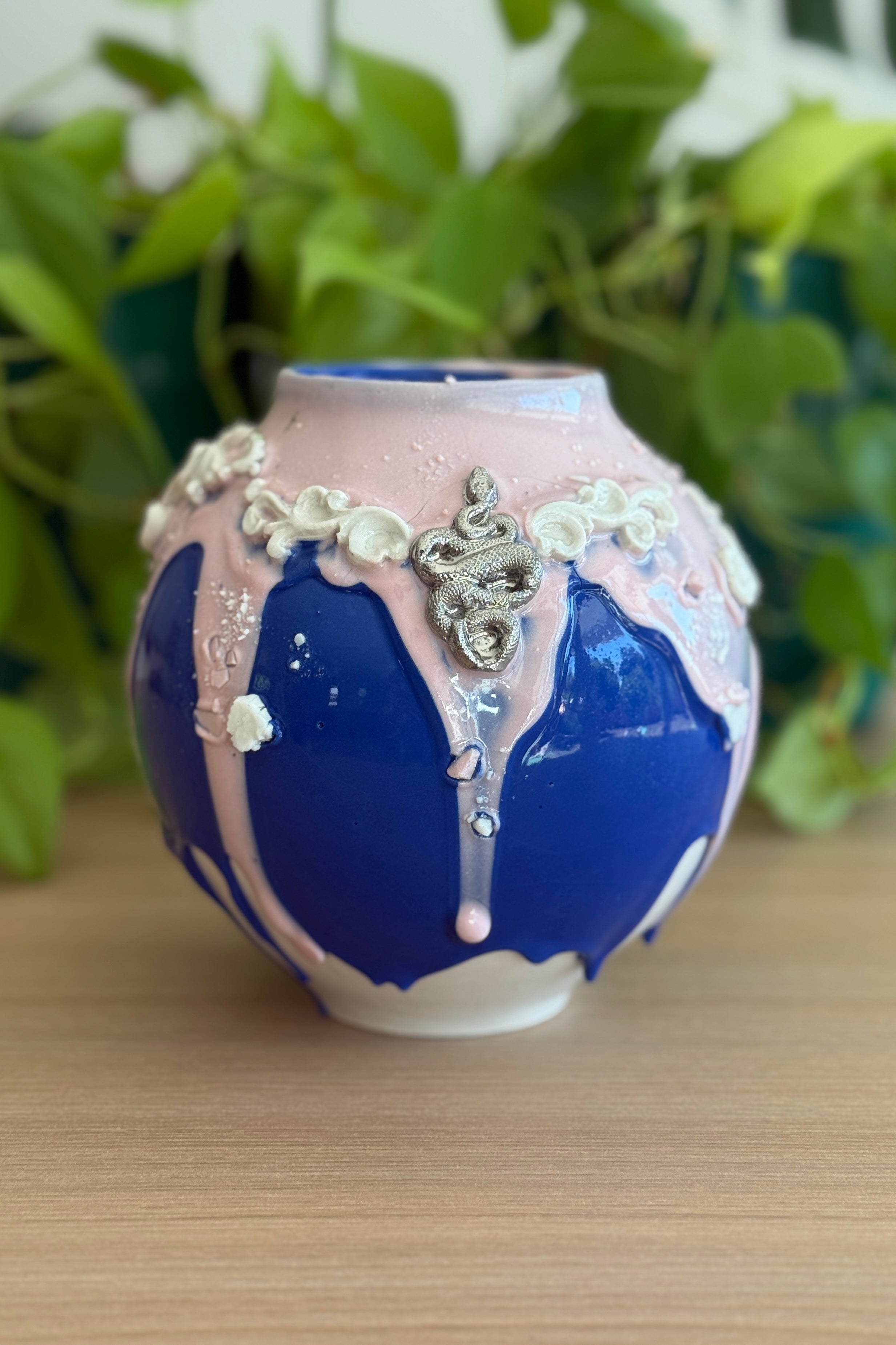 Pink and Blue Dripping Snake Mini Moon Jar